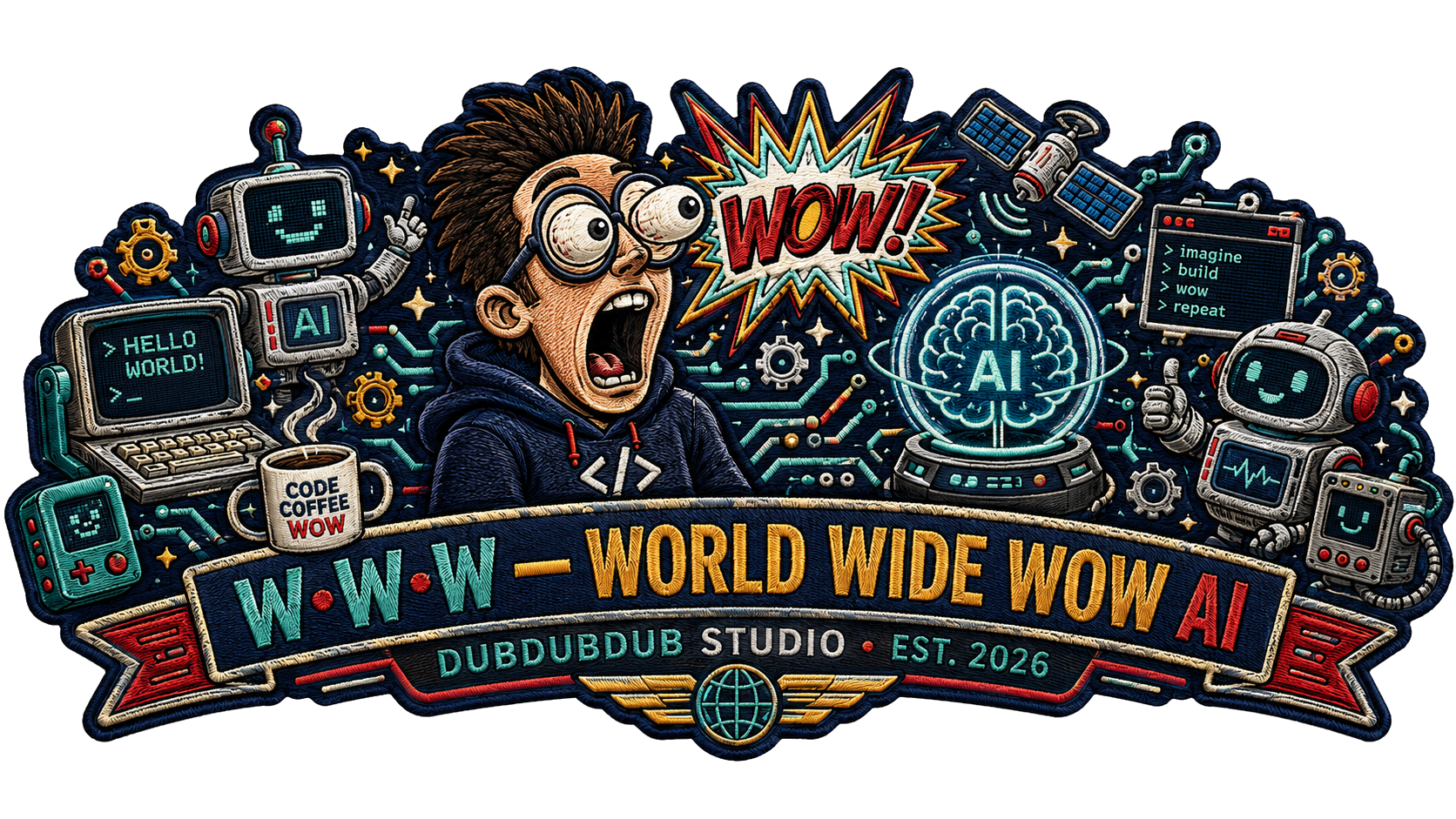 WORLD WIDE WOW AI — 눈이 튀어나오게 놀란 긱 캐릭터와 AI·로봇·터미널이 가로로 어우러진 덥덥덥 스튜디오 자수 히어로 배너